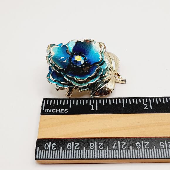 Vintage Blue Enamel Flower Brooch, AB Rhinestone, Silver Tone, 1 3/4 Inches - Picture 7 of 9